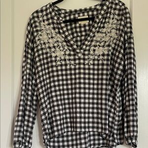 Black & White Gingham V‑Neck Embroidered Women's Top